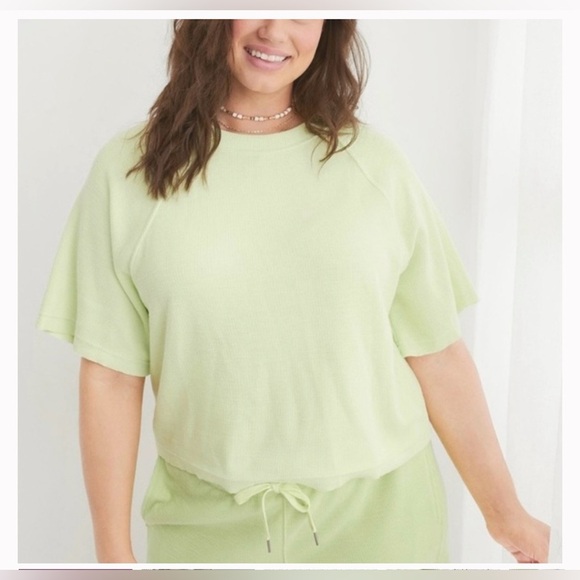 Aerie Ribbed Short Sleeve Sweatshirt Ripe Honeydew Green - Picture 1 of 3